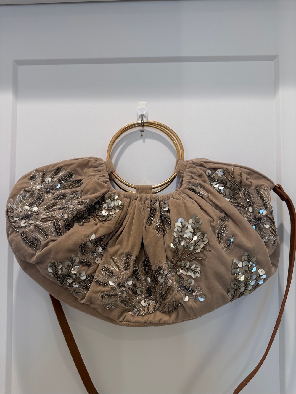 Anthropologie Taupe Embellished Wrist Bag with Gold Ring Handles